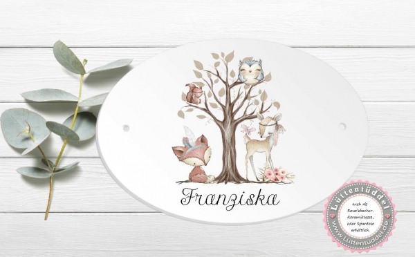 zauberhaftes ovales Türschild Waldfreunde mit Wunschname - Kinderzimmer, zur Einschulung, Geburtstag, Taufe, Lüttentüddel®